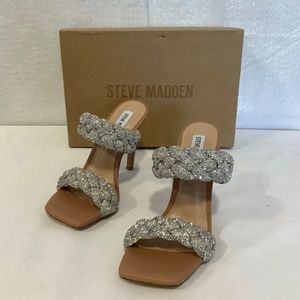 Steve Madden Womens Kenley-R Silver Rhinestone Stiletto Heel Slide Sandals 7.5M